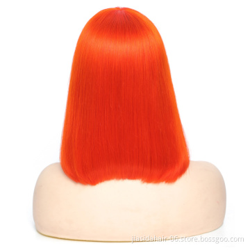 Silky Straight machine made wig Orange hair vendors brazilian human hair lace wig short bob with bang for black women